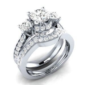 2 pc Set 925 Silver Round Cut White Sapphire Ring